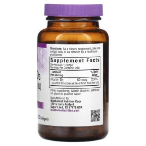 Thành phần vi chất của Bluebonnet Nutrition Vitamin D3 50 mcg (2.000 IU) 250 Softgels 743715003194