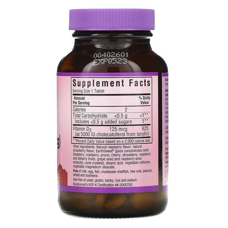 Bluebonnet Nutrition Vitamin D3 Raspberry 5.000 IU (125 mcg) 90 Chewable Tablets 2 Thành phần vi chất của Bluebonnet Nutrition Vitamin D3 Raspberry 5.000 IU (125 mcg) 90 Chewable Tablets 743715003668