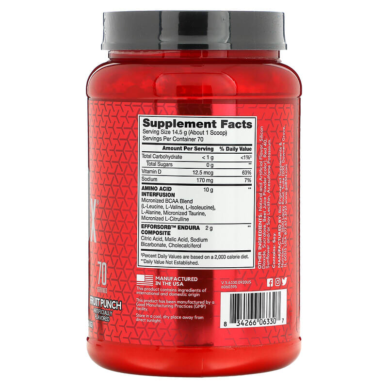 BSN AminoX Endurance & Recovery Fruit Punch 2.24 lb (1.02 kg) 2 Thành phần vi chất của BSN AminoX Endurance & Recovery Fruit Punch 2.24 lb (1.02 kg) 834266063307