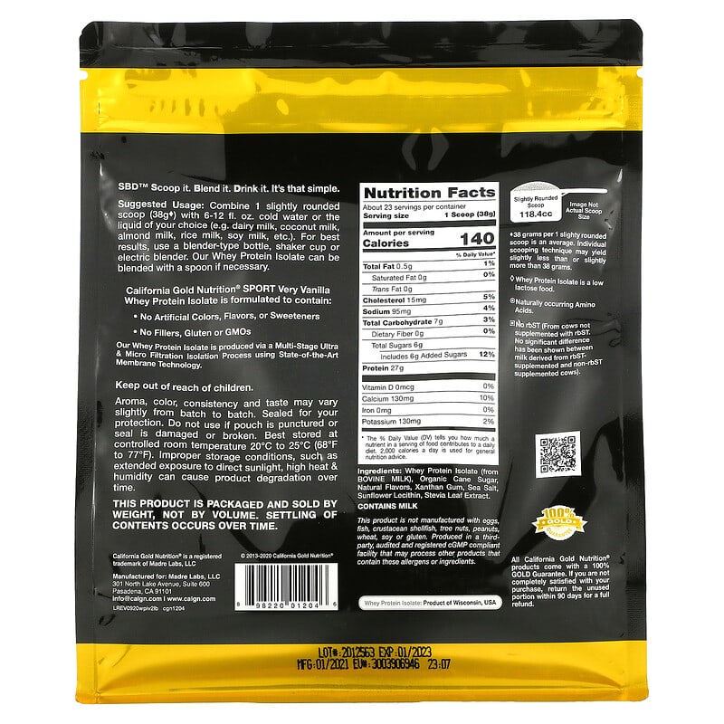 California Gold Nutrition 100% Whey Protein Isolate Very Vanilla Flavor 2 lbs (907 g) 2 Thành phần vi chất của California Gold Nutrition 100% Whey Protein Isolate Very Vanilla Flavor 2 lbs (907 g) 898220012046