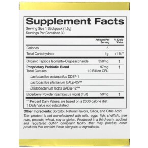 Thành phần vi chất của California Gold Nutrition Adult Pre-Probiotics 10 Billion CFU + Elderberry Natural Strawberry & Melon Flavor 30 Packets 0.05 oz (1.5 g) Each 898220018543