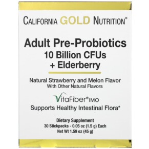 Thực phẩm chức năng California Gold Nutrition Adult Pre-Probiotics 10 Billion CFU + Elderberry Natural Strawberry & Melon Flavor 30 Packets 0.05 oz (1.5 g) Each 898220018543