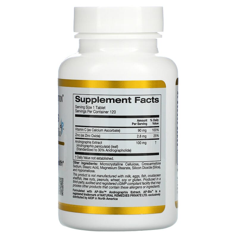 California Gold Nutrition Andrographis Immune with AP-BIO 100 mg 120 Tablets 2 Thành phần vi chất của California Gold Nutrition Andrographis Immune with AP-BIO 100 mg 120 Tablets 898220018192