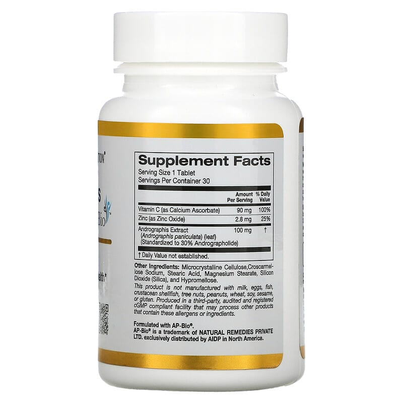 California Gold Nutrition Andrographis Immune with AP-BIO 100 mg 30 Tablets 2 Thành phần vi chất của California Gold Nutrition Andrographis Immune with AP-BIO 100 mg 30 Tablets 898220020300