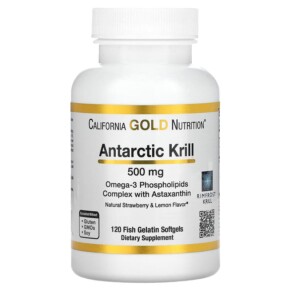Thực phẩm chức năng California Gold Nutrition Antarctic Krill Oil Omega-3 Phospholipids Complex with Astaxanthin Natural Strawberry and Lemon Flavor 500 mg 120 Fish Gelatin Softgels 898220011018