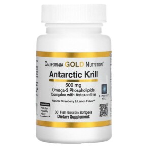 Thực phẩm chức năng California Gold Nutrition Antarctic Krill Oil Omega-3 Phospholipids Complex with Astaxanthin Natural Strawberry and Lemon Flavor 500 mg 30 Fish Gelatin Softgels 898220011001