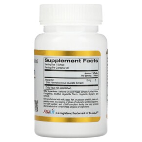 Thành phần vi chất của California Gold Nutrition Astaxanthin Astalif Pure Icelandic 12 mg 30 Veggie Softgels 898220011032