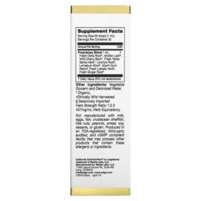 Thành phần vi chất của California Gold Nutrition Bronchial Ease 1 fl oz (30 ml) 898220021130