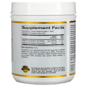 Thành phần vi chất của California Gold Nutrition Buffered Gold C Non-Acidic Vitamin C Powder Sodium Ascorbate 1.000 mg 2.2 lb (1 kg) 898220018796