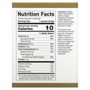 Thành phần vi chất của California Gold Nutrition CafeCeps Certified Organic Instant Coffee with Cordyceps and Reishi Mushroom Powder 30 Packets 0.08 oz (2.2 g) Each 898220012404