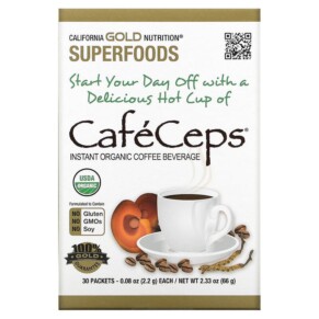 Thực phẩm chức năng California Gold Nutrition CafeCeps Certified Organic Instant Coffee with Cordyceps and Reishi Mushroom Powder 30 Packets 0.08 oz (2.2 g) Each 898220012404