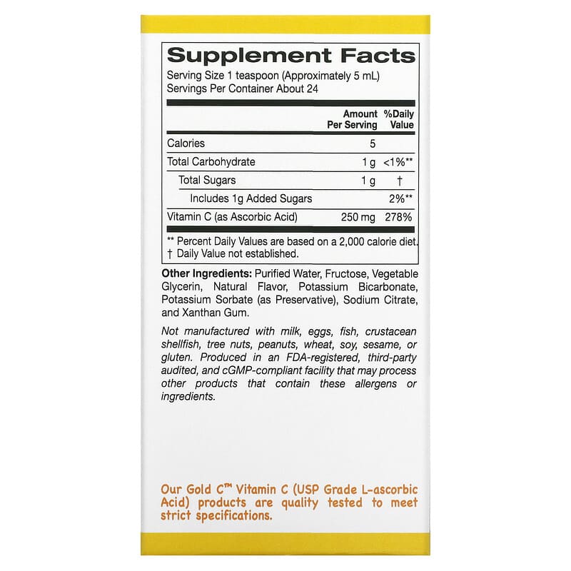 California Gold Nutrition Children's Liquid Vitamin C Orange Flavor 4 fl oz (118 ml) 2 Thành phần vi chất của California Gold Nutrition Children's Liquid Vitamin C Orange Flavor 4 fl oz (118 ml) 898220010998