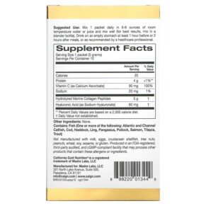Thành phần vi chất của California Gold Nutrition CollagenUP Hydrolyzed Marine Collagen Peptides with Hyaluronic Acid and Vitamin C Unflavored 10 Packets 0.18 oz (5.16 g) Each 898220013449