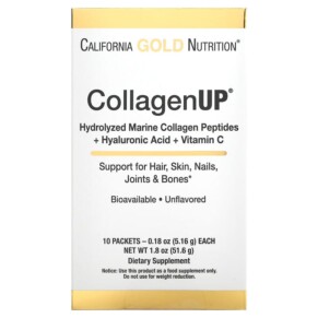 Thực phẩm chức năng California Gold Nutrition CollagenUP Hydrolyzed Marine Collagen Peptides with Hyaluronic Acid and Vitamin C Unflavored 10 Packets 0.18 oz (5.16 g) Each 898220013449