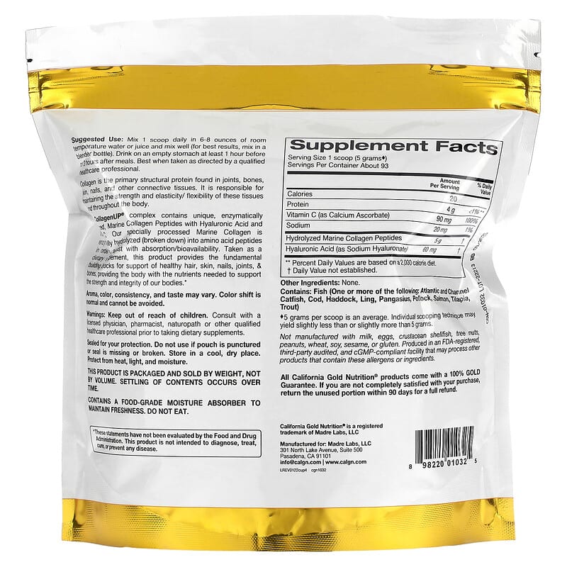 California Gold Nutrition CollagenUP Hydrolyzed Marine Collagen Peptides with Hyaluronic Acid and Vitamin C Unflavored 16.37 oz (464 g) 2 Thành phần vi chất của California Gold Nutrition CollagenUP Hydrolyzed Marine Collagen Peptides with Hyaluronic Acid and Vitamin C Unflavored 16.37 oz (464 g) 898220010325