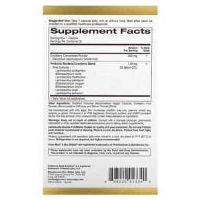 Thành phần vi chất của California Gold Nutrition CranMax® LactoBif Probiotics 25 Billion CFU 30 Veggie Caps 898220013340