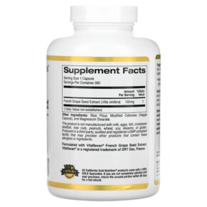 Thành phần vi chất của California Gold Nutrition French Grape Seed Extract VitaFlavan 100 mg 360 Veggie Capsules 898220017379