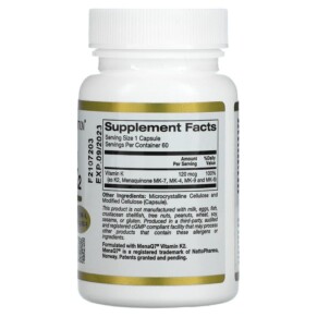 Thành phần vi chất của California Gold Nutrition Full Spectrum Vitamin K2 120 mcg 60 Veggie Capsules 898220012992
