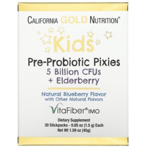 Thực phẩm chức năng California Gold Nutrition Kids Pre-Probiotic Pixies 5 Billion CFUs + Elderberry Natural Blueberry Flavor 30 Packets 0.05 oz (1.5 g) Each 898220018536