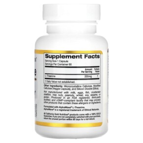 Thành phần vi chất của California Gold Nutrition L-Theanine Featuring AlphaWave 200 mg 60 Veggie Capsules 898220012428