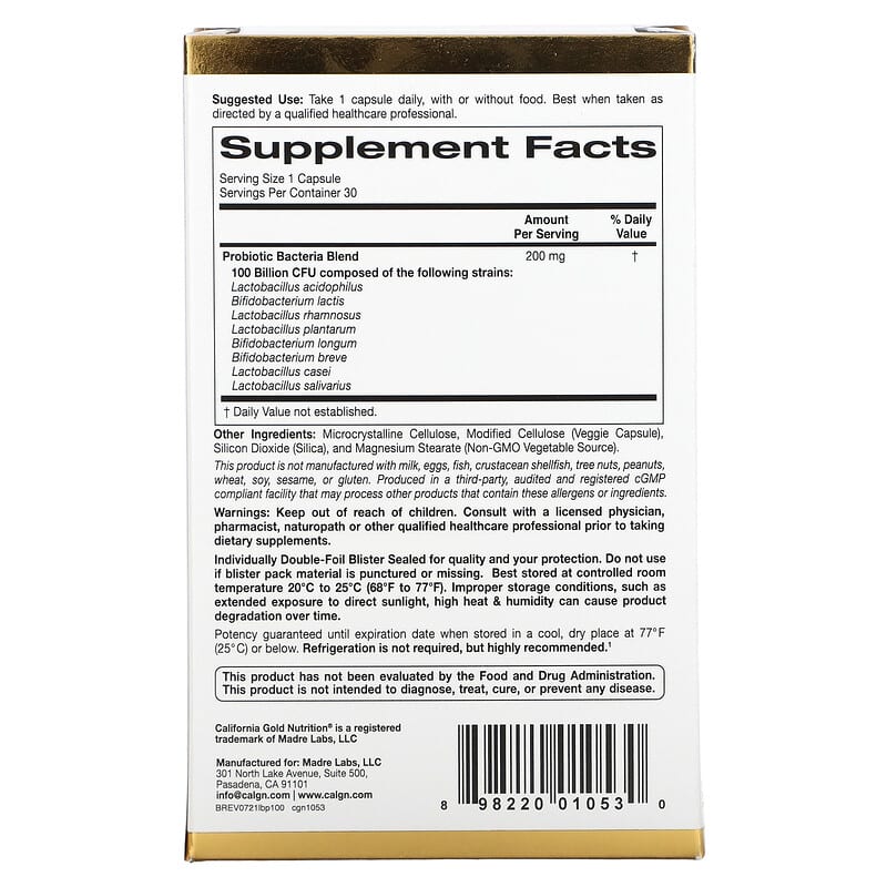California Gold Nutrition LactoBif 100 Probiotics 100 Billion CFU 30 Veggie Capsules 2 Thành phần vi chất của California Gold Nutrition LactoBif 100 Probiotics 100 Billion CFU 30 Veggie Capsules 898220010530