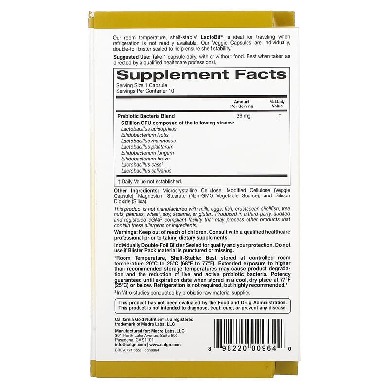 California Gold Nutrition LactoBif 5 Probiotics 5 Billion CFU 10 Veggie Capsules 2 Thành phần vi chất của California Gold Nutrition LactoBif 5 Probiotics 5 Billion CFU 10 Veggie Capsules 898220009640