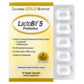Thực phẩm chức năng California Gold Nutrition LactoBif 5 Probiotics 5 Billion CFU 10 Veggie Capsules 898220009640