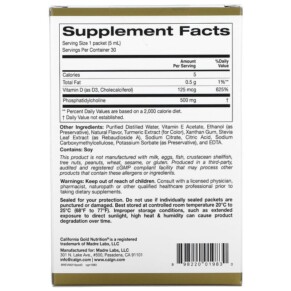 Thành phần vi chất của California Gold Nutrition Liposomal Vitamin D3 125 mcg (5.000 IU) 30 Packets (5.0 ml) 898220019830