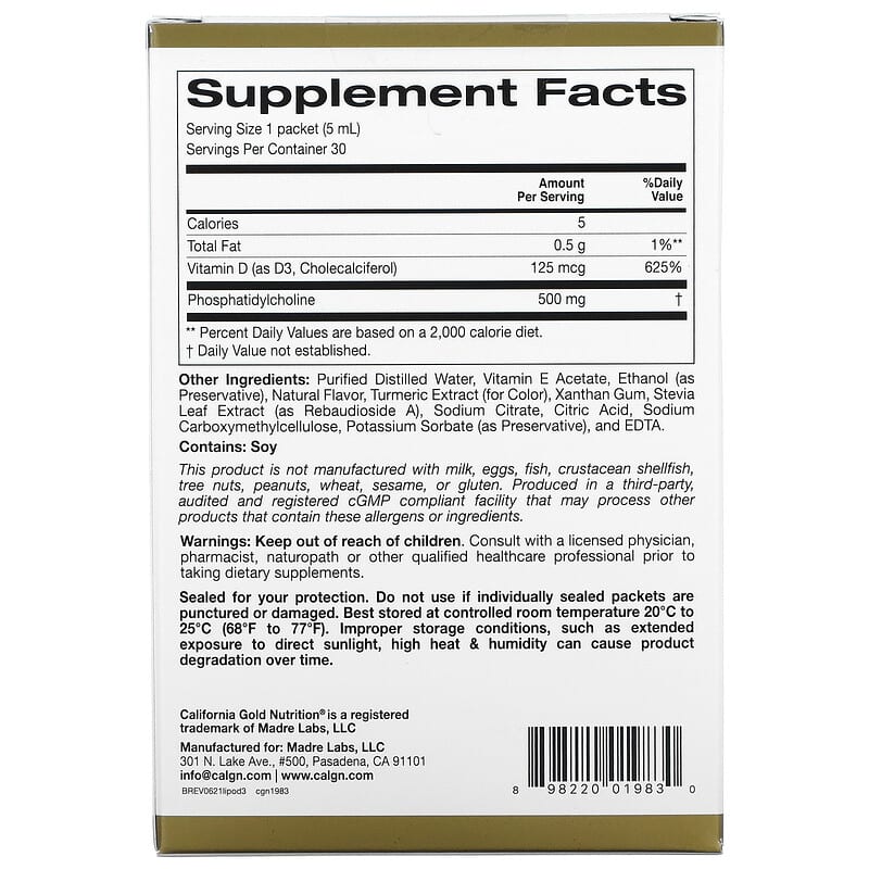 California Gold Nutrition Liposomal Vitamin D3 125 mcg (5.000 IU) 30 Packets (5.0 ml) 2 Thành phần vi chất của California Gold Nutrition Liposomal Vitamin D3 125 mcg (5.000 IU) 30 Packets (5.0 ml) 898220019830