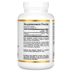 Thành phần vi chất của California Gold Nutrition Magnesium Bisglycinate Formulated with TRAACS® 200 mg 240 Veggie Capsules 898220019021