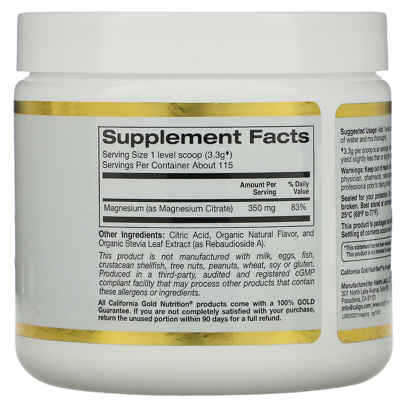 California Gold Nutrition Magnesium Powder Beverage Orange Crush 13.4 oz (380 g) 2 Thành phần vi chất của California Gold Nutrition Magnesium Powder Beverage Orange Crush 13.4 oz (380 g) 898220015627