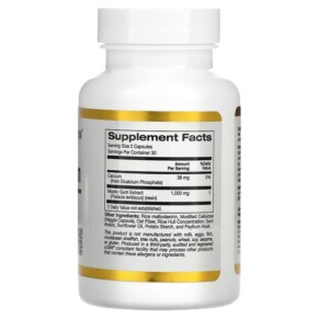 Thành phần vi chất của California Gold Nutrition Mastic Gum 500 mg Per Serving 60 Veggie Capsules 898220018376