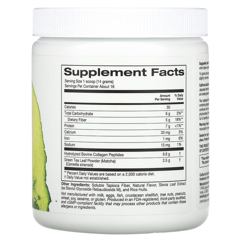 California Gold Nutrition MATCHA ROAD Matcha + Collagen 8 oz (227 g) 2 Thành phần vi chất của California Gold Nutrition MATCHA ROAD Matcha + Collagen 8 oz (227 g) 898220021581