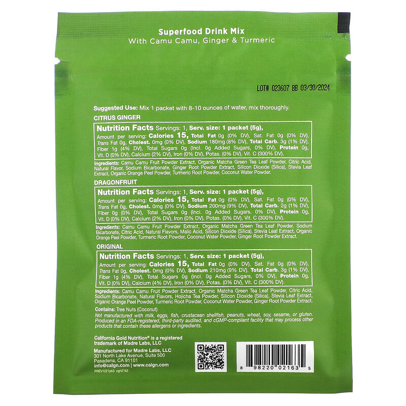 California Gold Nutrition MATCHA ROAD Matcha + Vitamin C - Trial Pack 3 Count 2 Thành phần vi chất của California Gold Nutrition MATCHA ROAD Matcha + Vitamin C - Trial Pack 3 Count 898220021635