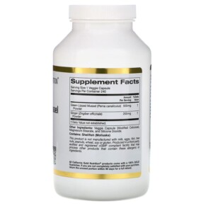 Thành phần vi chất của California Gold Nutrition New Zealand Green-Lipped Mussel Plus Ginger Joint Health Formula 500 mg 240 Veggie Capsules 898220009428