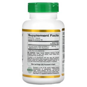 Thành phần vi chất của California Gold Nutrition Olive Leaf Extract EuroHerbs European Quality 500 mg 180 Veggie Capsules 898220012824