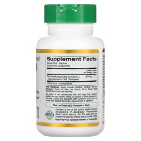 Thành phần vi chất của California Gold Nutrition Olive Leaf Extract EuroHerbs European Quality 500 mg 60 Veggie Capsules 898220011131