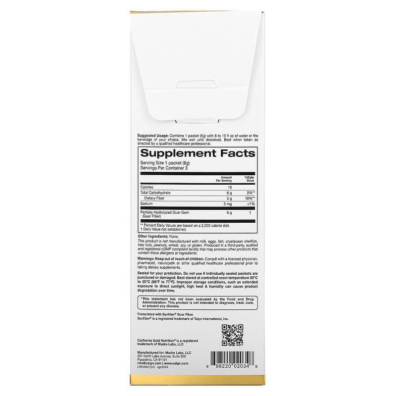 California Gold Nutrition Prebiotic Fiber 3 Packets 0.21 oz (6 g) Each 2 Thành phần vi chất của California Gold Nutrition Prebiotic Fiber 3 Packets 0.21 oz (6 g) Each 898220020348