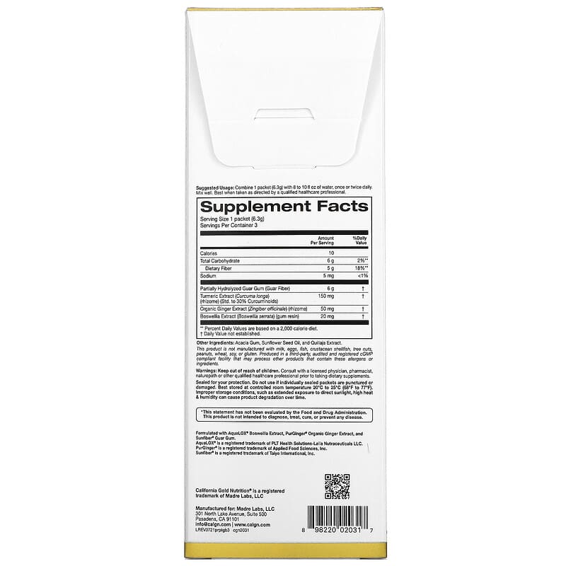 California Gold Nutrition Prebiotic Fiber Plus Turmeric Ginger & Boswellia 3 Packets 0.22 oz (6.3 g) Each 2 Thành phần vi chất của California Gold Nutrition Prebiotic Fiber Plus Turmeric Ginger & Boswellia 3 Packets 0.22 oz (6.3 g) Each 898220020317