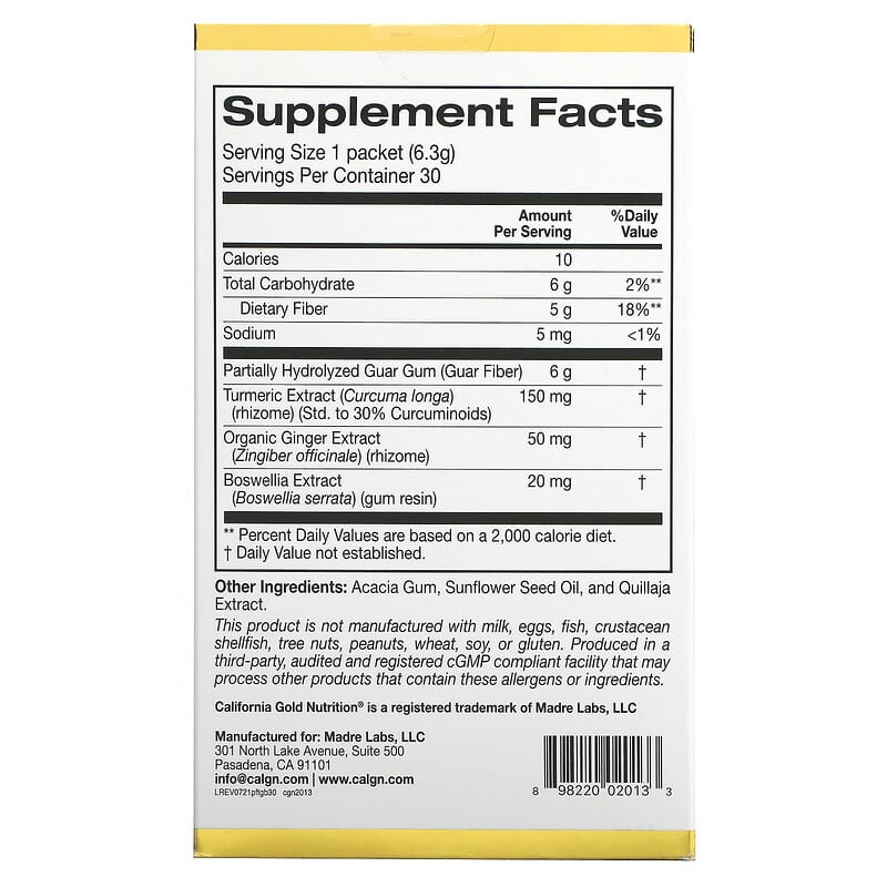 California Gold Nutrition Prebiotic Fiber Plus Turmeric Ginger & Boswellia 30 Packets 0.22 oz (6.3 g) Each 2 Thành phần vi chất của California Gold Nutrition Prebiotic Fiber Plus Turmeric Ginger & Boswellia 30 Packets 0.22 oz (6.3 g) Each 898220020133