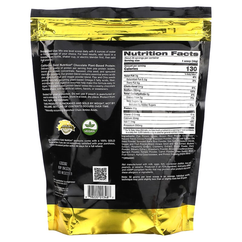 California Gold Nutrition SPORT - Plant-Based Protein Chocolate 2 lb Pouch 2 Thành phần vi chất của California Gold Nutrition SPORT - Plant-Based Protein Chocolate 2 lb Pouch 898220013487
