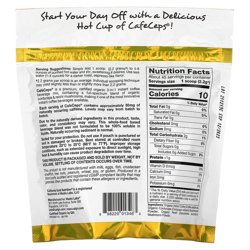 California Gold Nutrition SUPERFOODS - CafeCeps Certified Organic Instant Coffee with Cordyceps and Reishi Mushroom Powder 3.5 oz (100 g) 2 Thành phần vi chất của California Gold Nutrition SUPERFOODS - CafeCeps Certified Organic Instant Coffee with Cordyceps and Reishi Mushroom Powder 3.5 oz (100 g) 898220013463