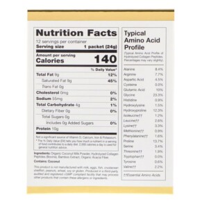 Thành phần vi chất của California Gold Nutrition SUPERFOODS Collagen Coconut Creamer Unsweetened 12 Packets 0.85 oz (24 g) Each 898220012107
