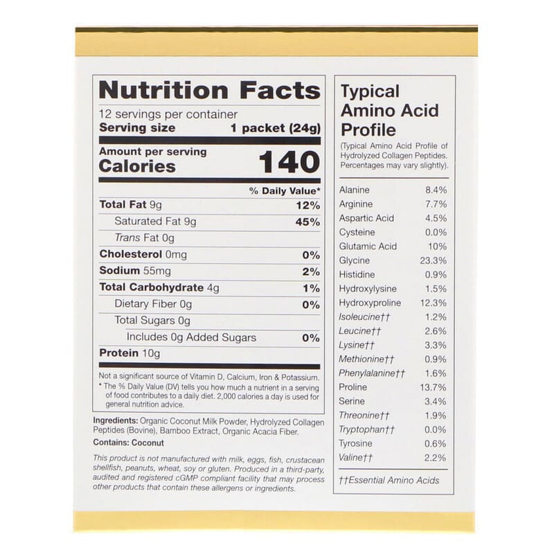 California Gold Nutrition SUPERFOODS Collagen Coconut Creamer Unsweetened 12 Packets 0.85 oz (24 g) Each 2 Thành phần vi chất của California Gold Nutrition SUPERFOODS Collagen Coconut Creamer Unsweetened 12 Packets 0.85 oz (24 g) Each 898220012107