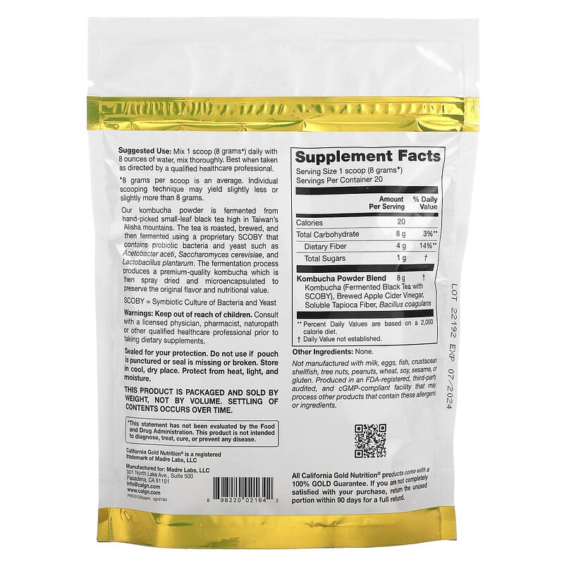 California Gold Nutrition SUPERFOODS - Kombucha Powder Plus Probiotics 5.64 oz (160 g) 2 Thành phần vi chất của California Gold Nutrition SUPERFOODS - Kombucha Powder Plus Probiotics 5.64 oz (160 g) 898220021642