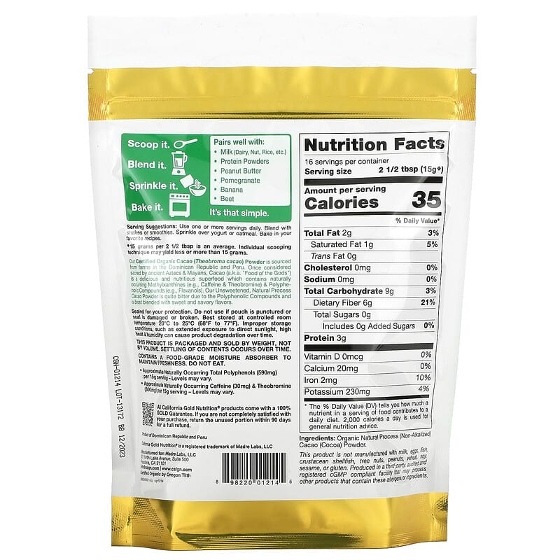 California Gold Nutrition SUPERFOODS - Organic Cacao Powder 8.5 oz (240 g) 2 Thành phần vi chất của California Gold Nutrition SUPERFOODS - Organic Cacao Powder 8.5 oz (240 g) 898220012145