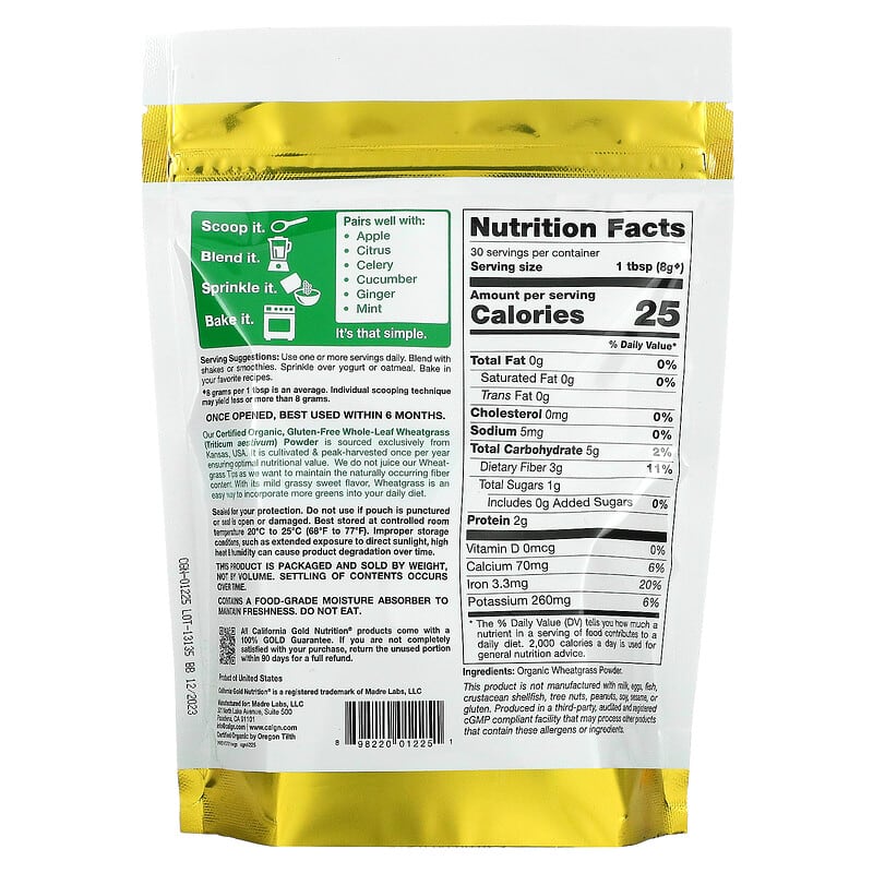 California Gold Nutrition SUPERFOODS - Organic Wheat Grass Powder 8.5 oz (240 g) 2 Thành phần vi chất của California Gold Nutrition SUPERFOODS - Organic Wheat Grass Powder 8.5 oz (240 g) 898220012251