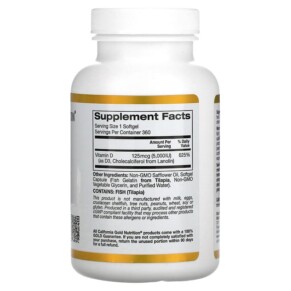 Thành phần vi chất của California Gold Nutrition Vitamin D3 125 mcg (5.000 IU) 360 Fish Gelatin Softgels 898220010660