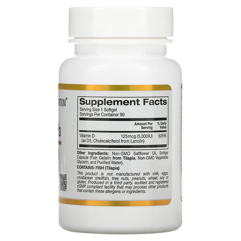California Gold Nutrition Vitamin D3 125 mcg (5.000 IU) 90 Fish Gelatin Softgels 2 Thành phần vi chất của California Gold Nutrition Vitamin D3 125 mcg (5.000 IU) 90 Fish Gelatin Softgels 898220010653