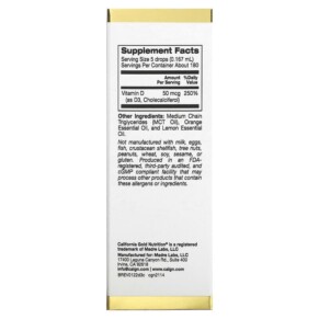 Thành phần vi chất của California Gold Nutrition Vitamin D3 (Citrus) 2.000 IU 1 fl oz (30 ml) 898220021147